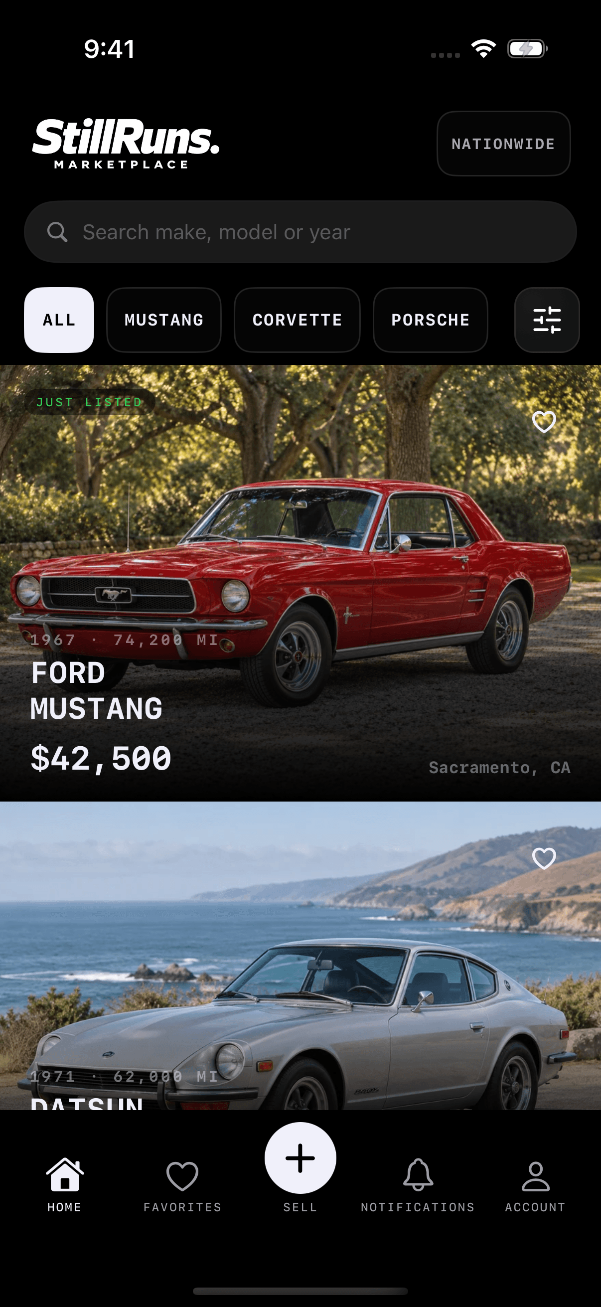 StillRuns on iPhone, with the Home feed, car photos, search and filters